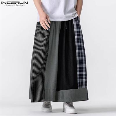 Men Casual Elastic Waist Patchwork Plaid Long Baggy Wide Legs Pants Trousers