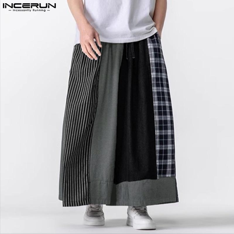 INCERUN Men Casual Elastic Waist Patchwork Plaid Long Baggy Wide Legs Pants Trousers