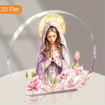 1pc Virgin Mary Acrylic Religious Decorative Plaque with Lilies Wreath - Vintage Style Tabletop Ornament for Christmas & All Holidays 