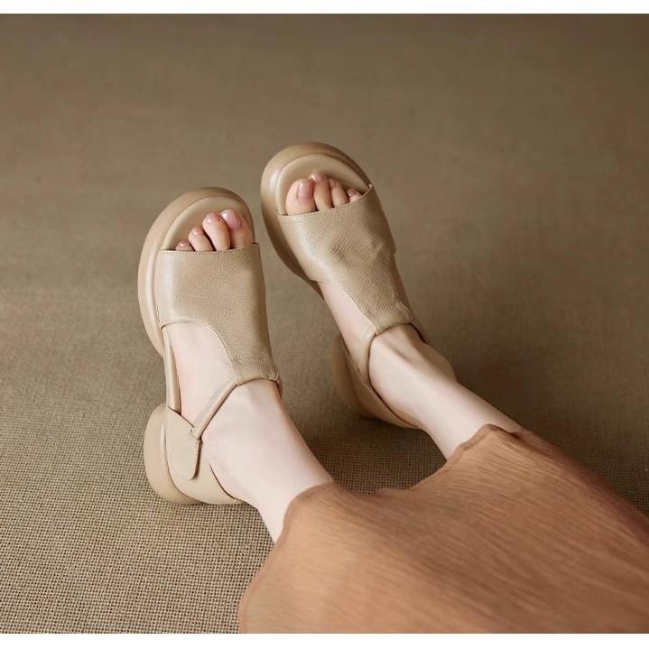 Huge Good-looking Soft Leather Soft-soled Retro Casual Open-toed Sandals Women's Summer Medium Heel Thick-soled Fish Mouth Roman Shoes Are Not Tired