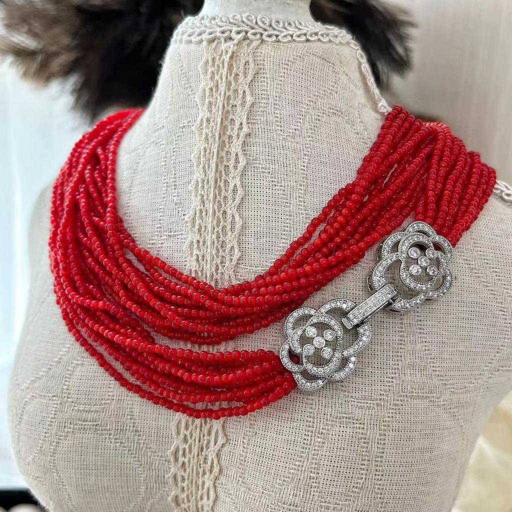 Retro Lazy Ten-Layer Italian Style New Year'S Red And Red Opal Necklace Women'S Collarbone Chain Evening Chain