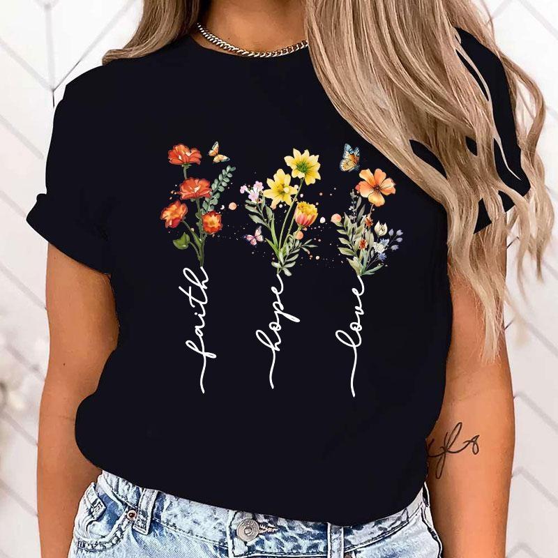 Women's Blouses Faith Hope Love Flower Letter Print T Shirt Women Summer Short Sleeve Fashion Summer Casual T-shirt