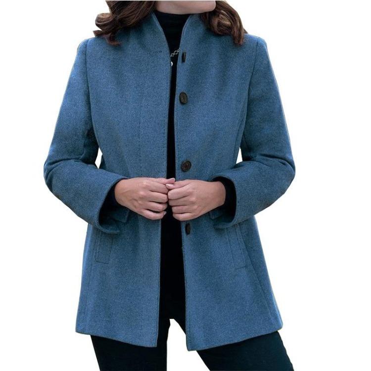 

Winter Women Slim Coat Wool Button Sleeve Long Lapel European American Style Autumn Simple Fashion 3XL море синього кольору