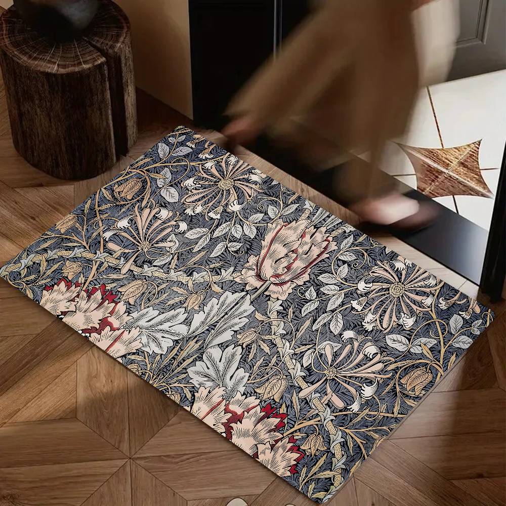 W-William Morris Strawberry Thief Floor Mat Suitable For Living Room Kitchen Bathroom Non-slip Mat Household Foot Mat