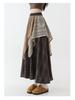 Women's High-Waisted Retro Plaid Lace Patchwork A-Line Skirt with Irregular Hem