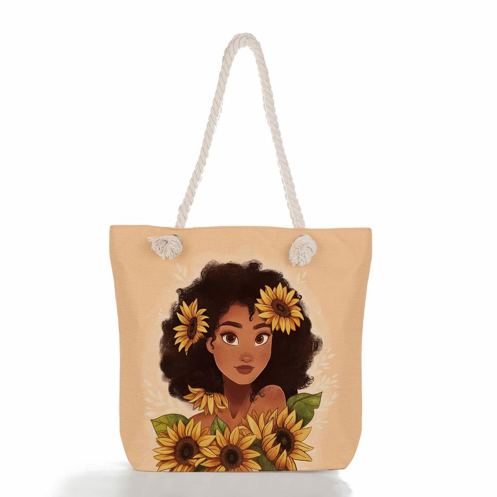 Multifunctional Black Girl Printed Thick Rope Shoulder Beach Bag Casual Large Capacity Handbag 0105