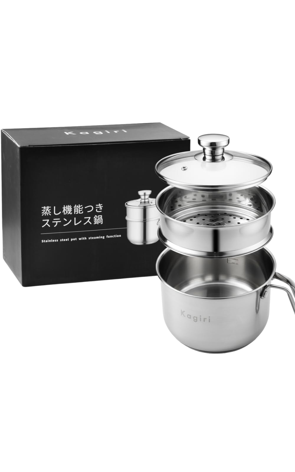 

Kagiri Two-Tier Multi-Pot with Steaming Function, Stainless Steel with Glass Lid, Gas and Induction Cooktop Compatible, 1.9L Capacity, 17cm Diameter