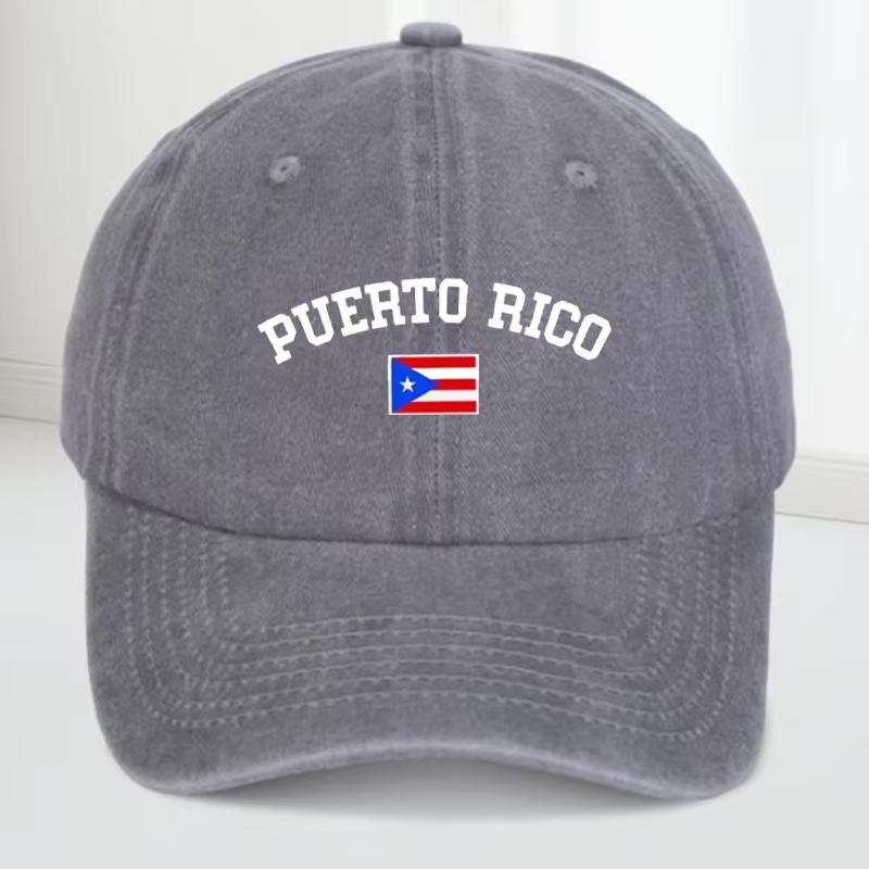 A gender-neutral Puerto Rican flag-patterned printed baseball cap that can be adjusted into an outdoor sun hat.