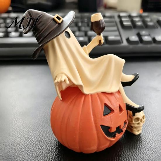 Decorative Bar Accessories Cute Ghost Figurine, Sitting on Pumpkin Statue with Witch Halloween Party Table Centerpieces Hat, Resin Tabletop