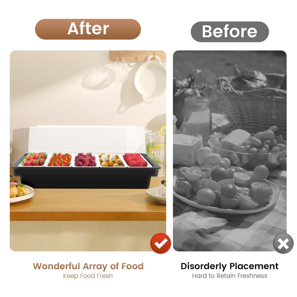 Fruit Veggie Condiment Caddy with Lid 5 Compartment Plastic Dispenser Tray for Catering Dips Toppings Serving Taco Ice Cream
