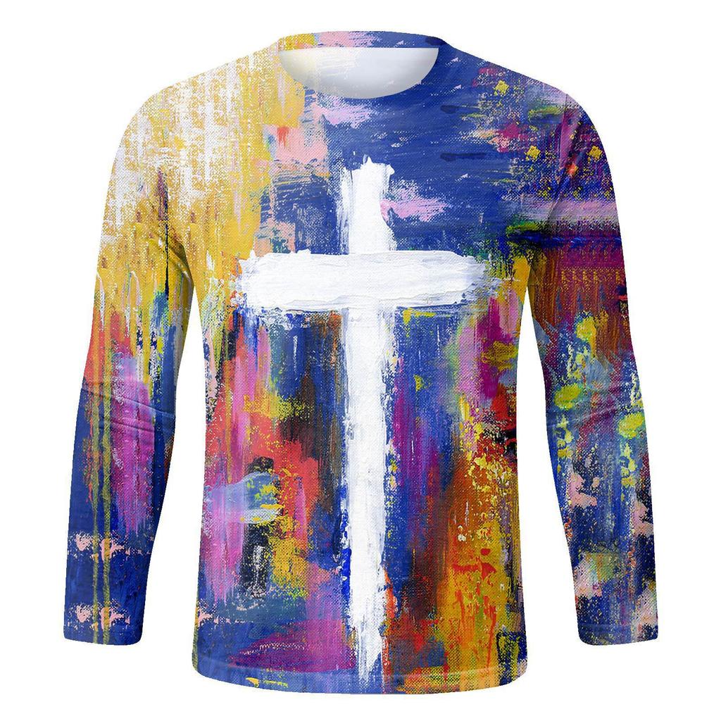 Spring and Autumn Round Neck 3D Printed Top Fashionable Casual Colorful Long Sleeved Men's T-shirts