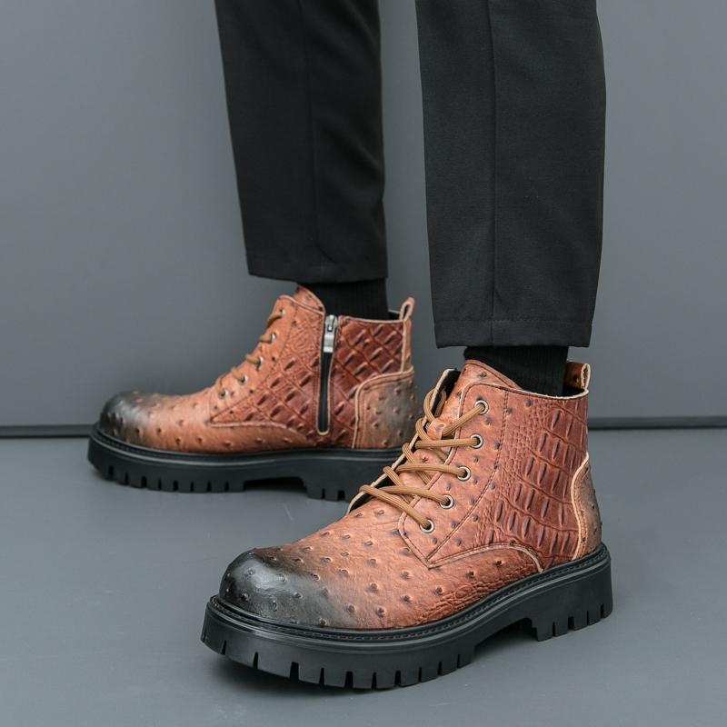 Fashion 2024 Winter Classic Men's Leather Ankle Boots Trend Height Increasing High Top Shoes Handsome Workwear Boots for Men's Lace Up