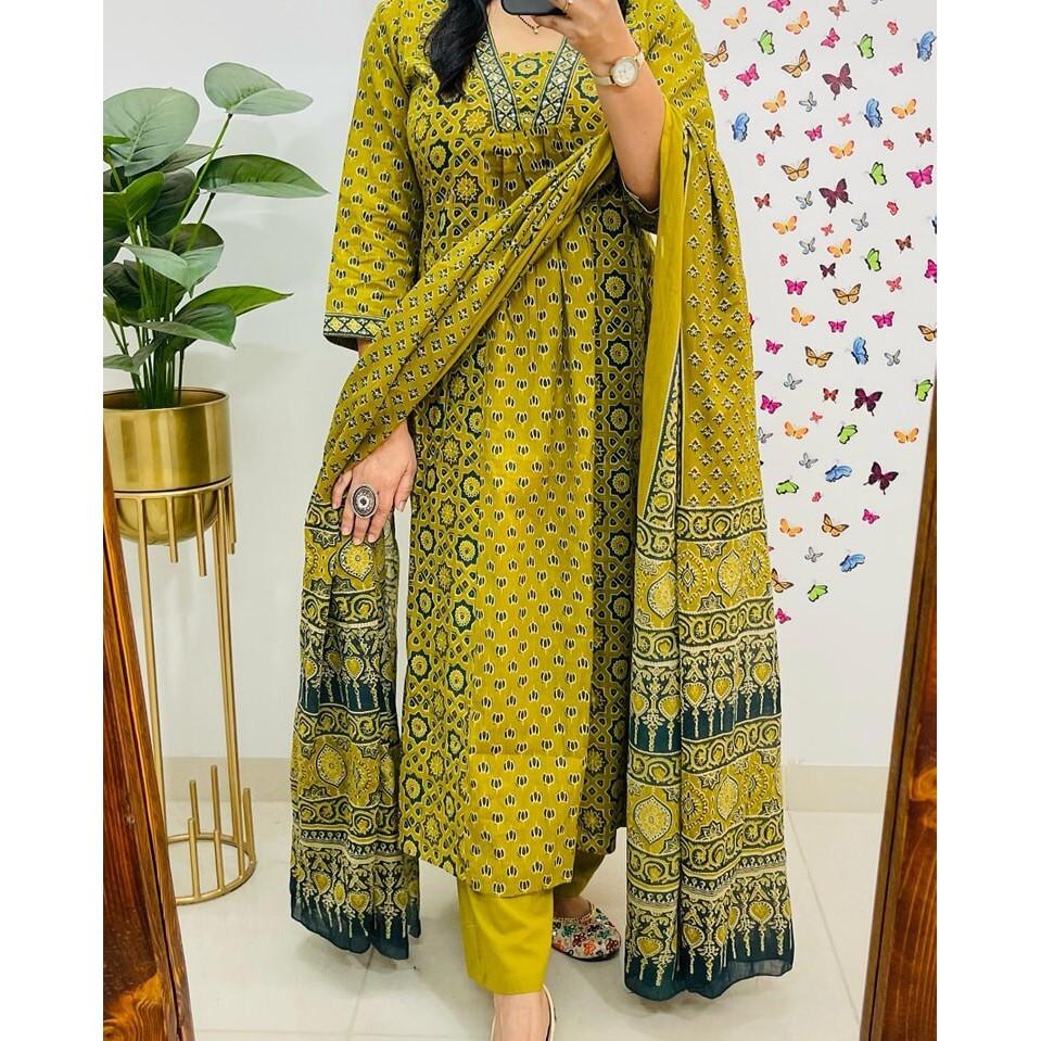 Wunderschönes Designer Baumwoll Kurti Hose Dupatta Set Indische Frauen Salwar Kameez VF-20254a