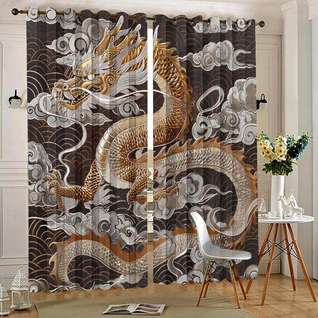 Traditional Chinese Dragon Blackout Curtains, Fantasy Cloud Golden Asian Grommet Thermal Insulated Curtains Window Drapes for Bedroom Living Room, 2