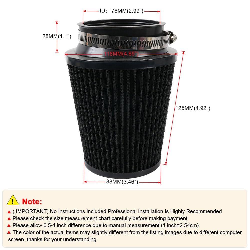 MUTEKI Car Air Filter Universal 76mm Air Filter Mushroom Type Air Intake Filter Adjustable Replacement Filter (Black)