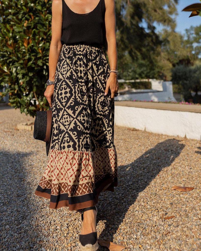 2024 Summer Women's European & American Loose Patchwork Print Maxi Skirt