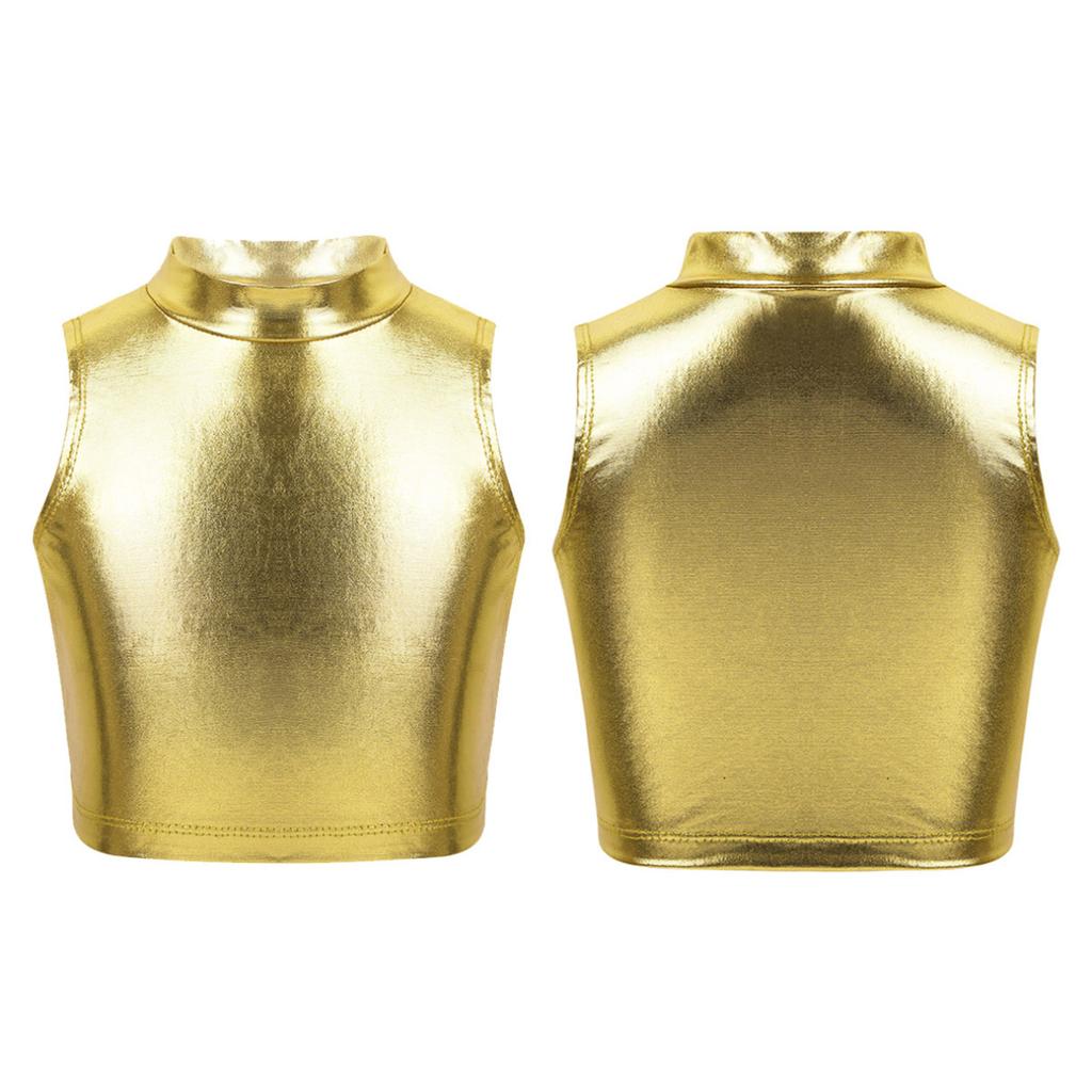 Girls Shiny Metallic Crop Tank Top Ballet Dance Jazz Hip Hop Performance Costumes