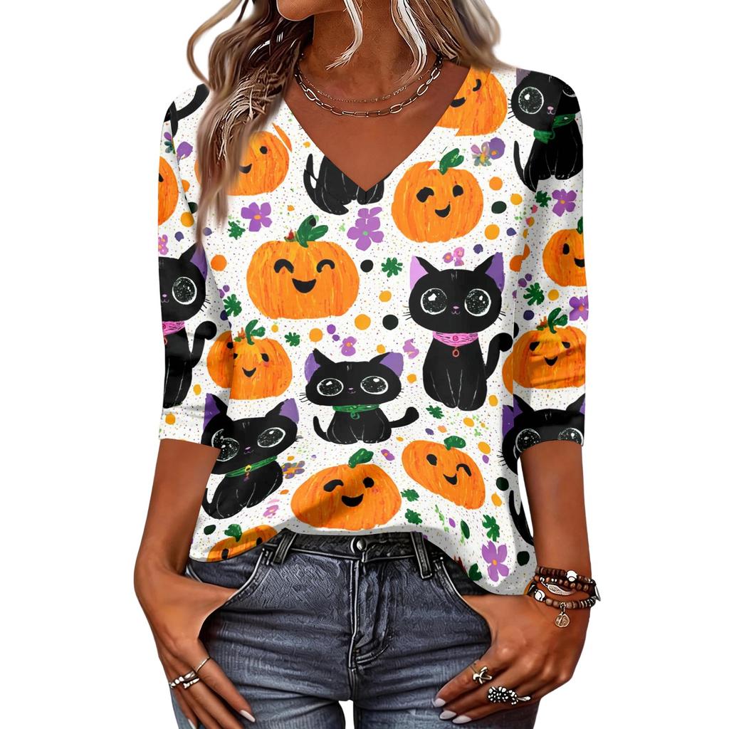 Women's Fashion Casual Halloween Print V-Neck Three-Quarter Sleeve Top