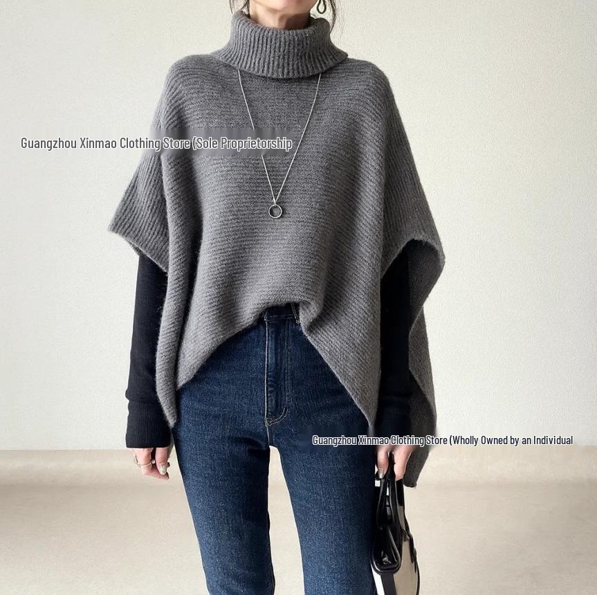 Cross-Border Japanese-Korean High Neck Solid Color Knit Cardigan Sweater - Women's Versatile Autumn/Winter Shawl Outerwear.