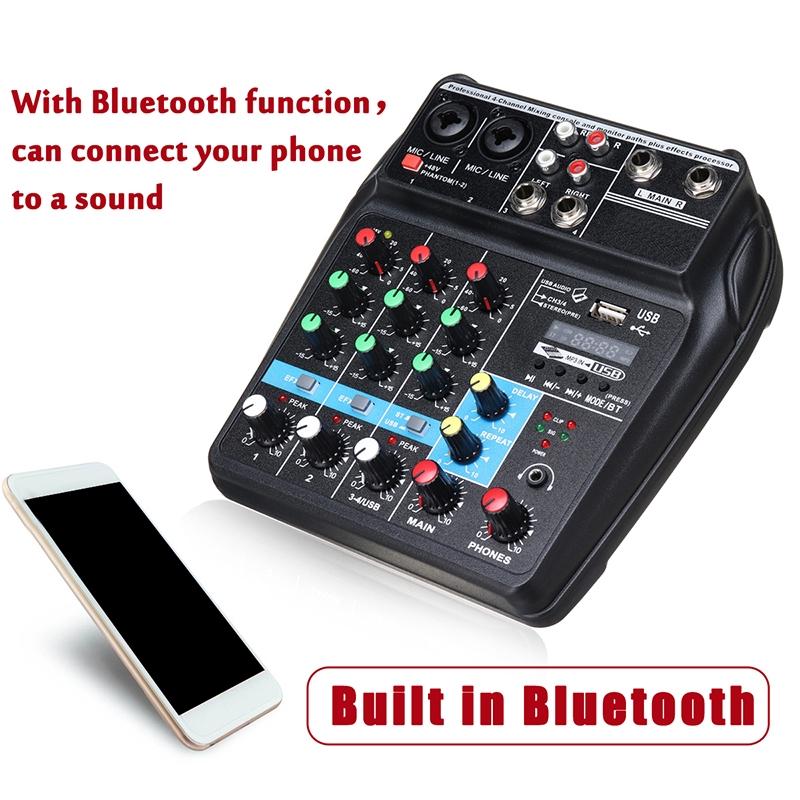 Portable 4 Channels Audio Audio Mixer A4 Sound Mixing Console Bluetooth Record 48V Phantom Powe EffectsMixer with USB New