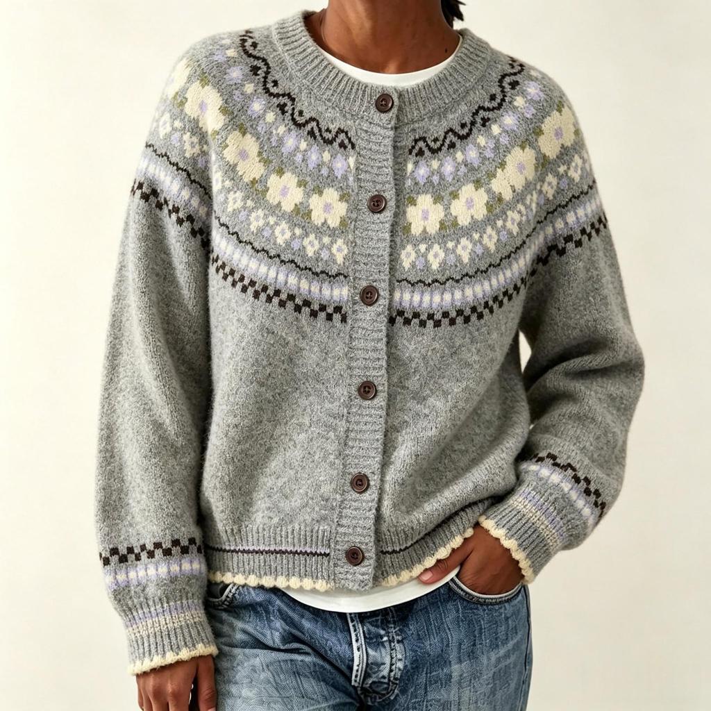 Women's 2026 Autumn/Winter Jacquard Knit Round Neck Snowflake Cardigan Sweater with Horn Buttons