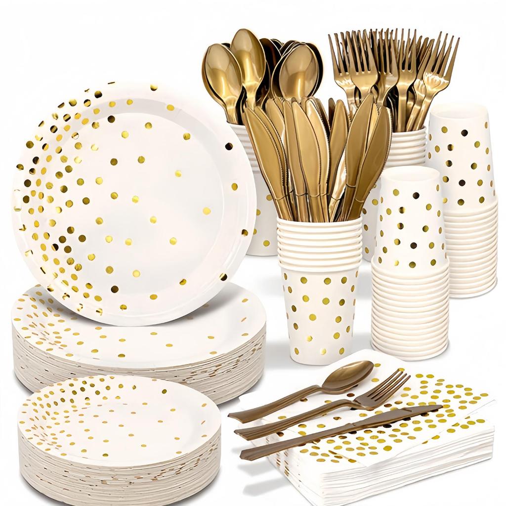 Gold Dot Black, White & Powder Blue Party Supplies: Disposable Plates, Cutlery, Napkins & Tablecloth.