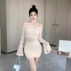 Spring Autumn Sexy Fashion Off the Shoulder Bodycon Lace Dress Women Flare Long Sleeve Slim Mini Vestidos Robe