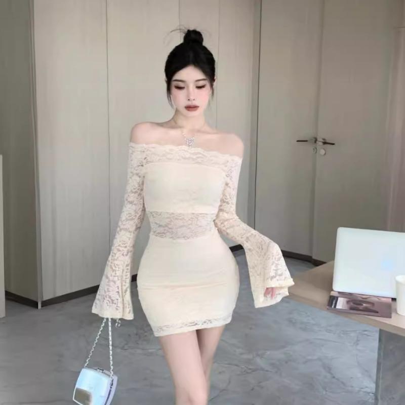 Spring Autumn Sexy Fashion Off the Shoulder Bodycon Lace Dress Women Flare Long Sleeve Slim Mini Vestidos Robe