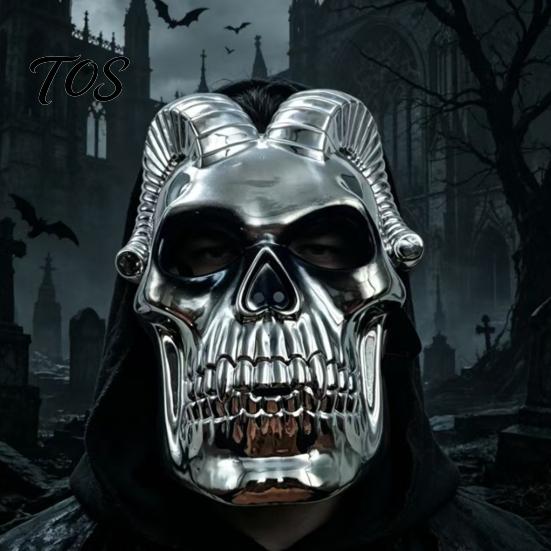 Detailed Devil Mask Halloween Skull Mask, Silver Demon Ram Horn Face Realistic Horned for Party, Scary Headgear, Glossy Metallic Cosplay Prop
