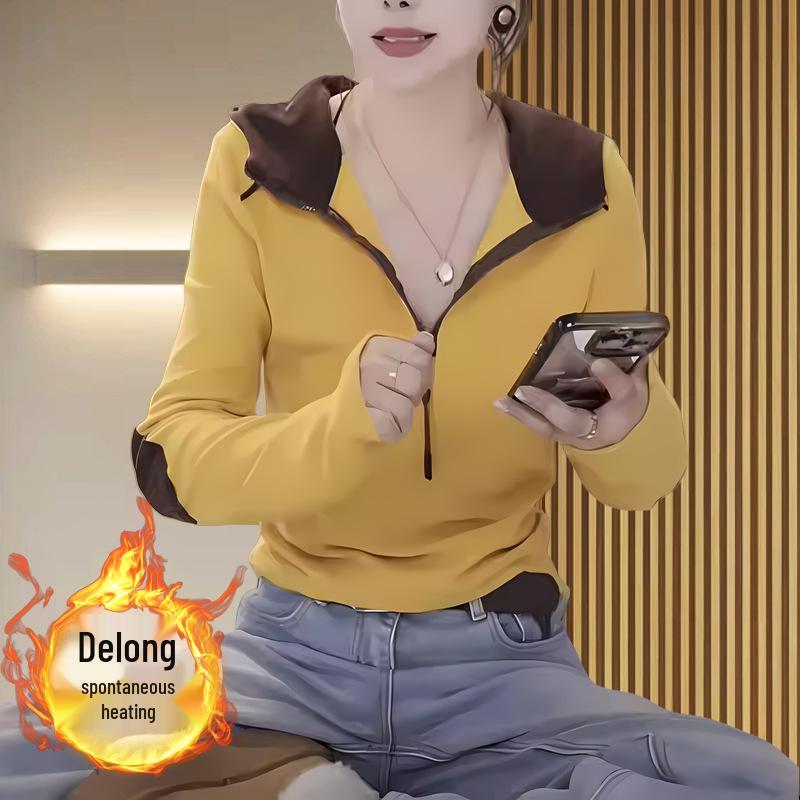 

Women s 2025 Winter Hooded Half-Zip Slimming Patchwork Top M (recommended for 85-100 lbs)