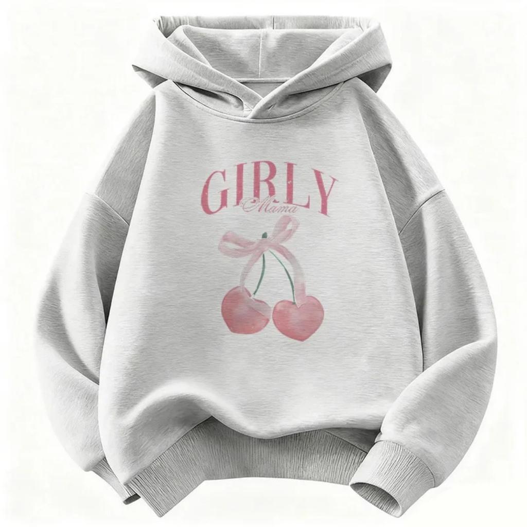 Children's Round Neck Hooded Sweatshirt Loose Comfortable Casual Stylish Outdoor Sports Cherry Print Long Sleeved