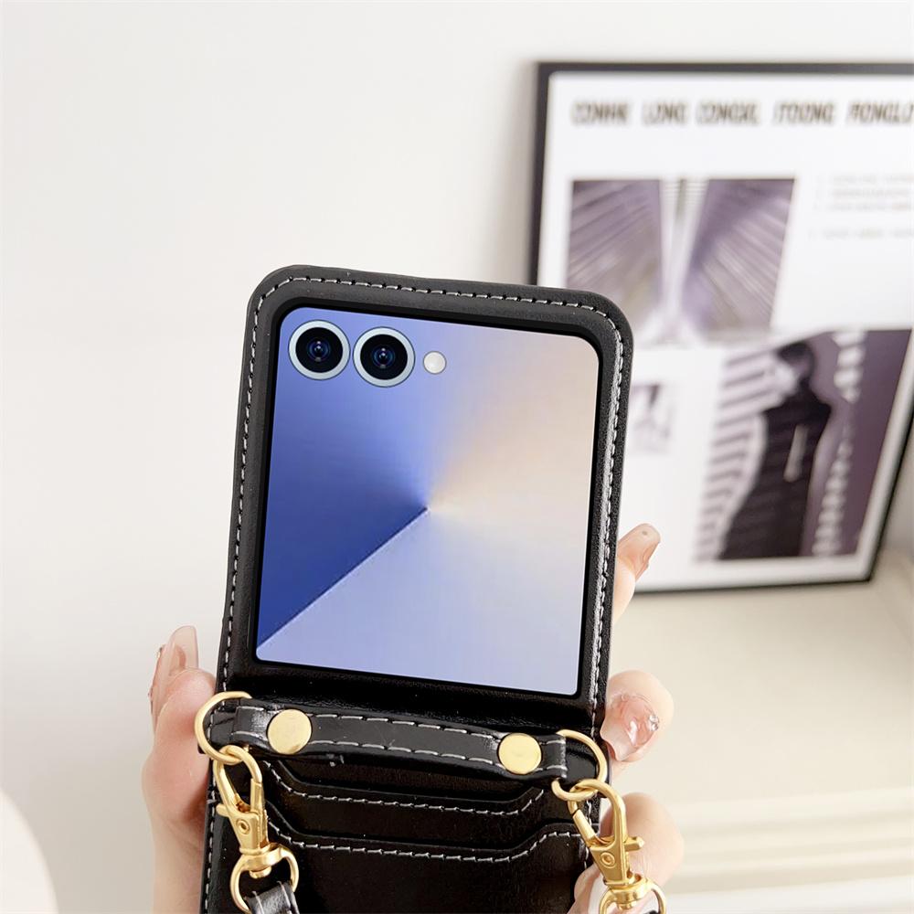 Crossbody Cards Solt Wallet Leather Phone Case for Samsung Galaxy Z Flip 7 FE 6 5 4 Flip6 Flip7 Hand Strap Lanyard Pocket Cover