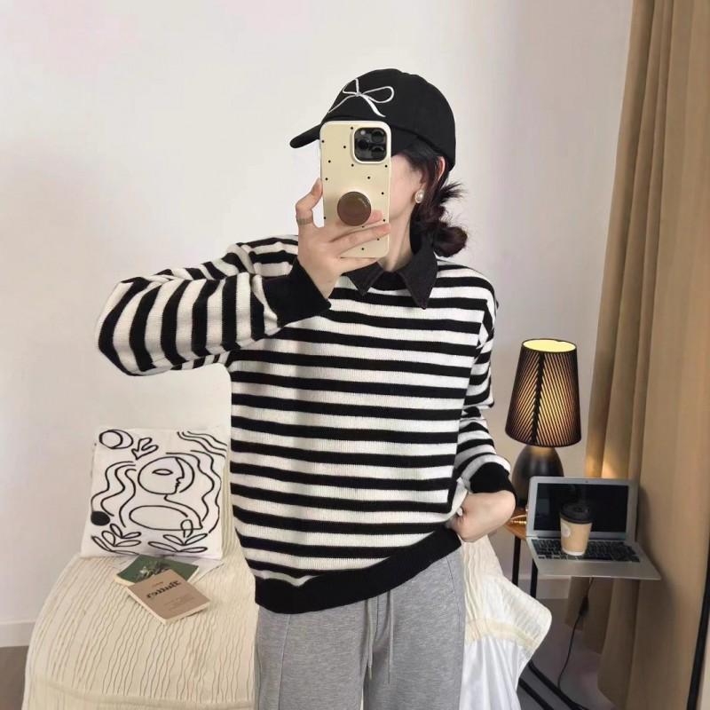 Womens Oversized Knit Sweater With Shirt Collar Color-Block Striped Long Sleeve Pullover Winter Office Wear