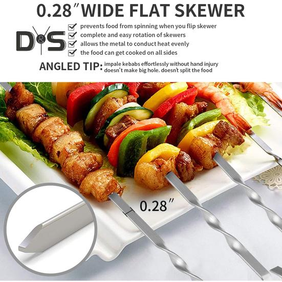 10 stk Grillspyd for grilling flate kebabpinner i rustfritt stål Gjenbrukbare BBQ-grillpinner for kjøtt Kylling Grønnsak Rustfast, varmebestandig