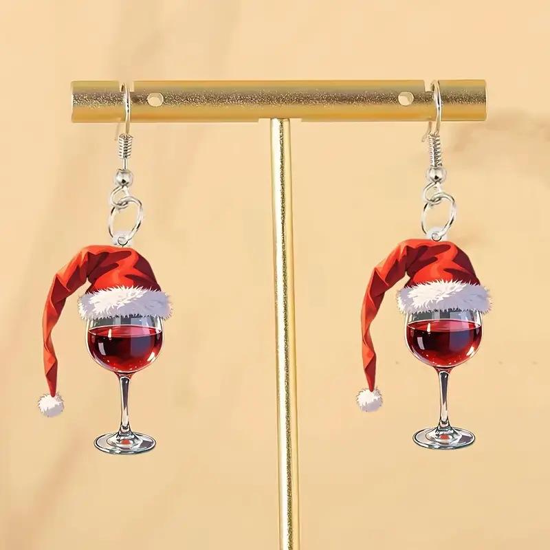 Red Christmas Hat Wine Glass Acrylic Earrings - Vintage Creative Design, Versatile and Stylish.