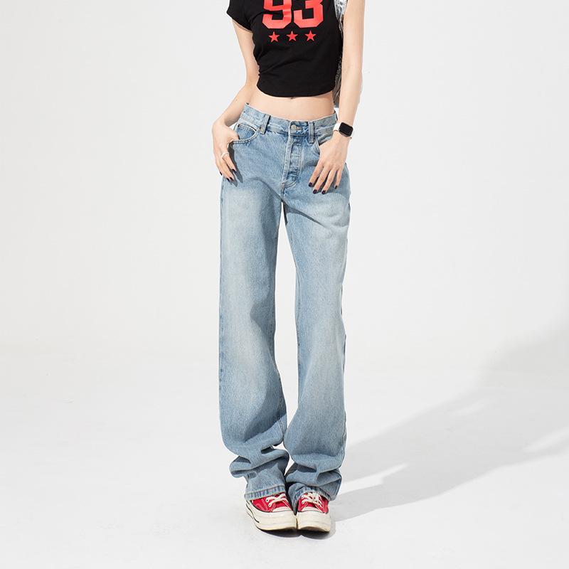 Blue narrow wide-leg jeans women's spring and autumn new straight loose high-waisted and thin casual floor pants
