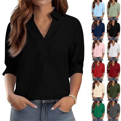 3/4-Ärmel Damenoberteile V-Ausschnitt Shirts Trendy Bedruckte Business Casual Arbeitsblusen
