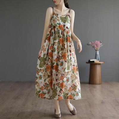 Sleeveless Strap Cotton Vintage Floral Dresses for Women Casual Loose Long Summer Dress Elegant Clothing