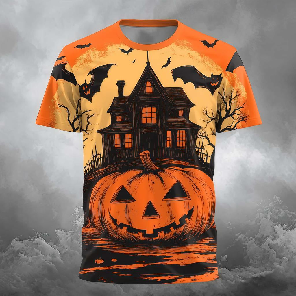 European and American Halloween Horror Pumpkin Head Ghost Castle Bat Print Short Sleeved Retro Vintage Vintage Fashion Top