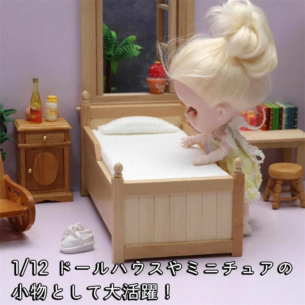 moin moin Miniature Furniture Dollhouse Storage Drawer Movable Bed Frame Pillow Simple Wooden Natural Brown White 2311mini37 1/12 112 (Futon &