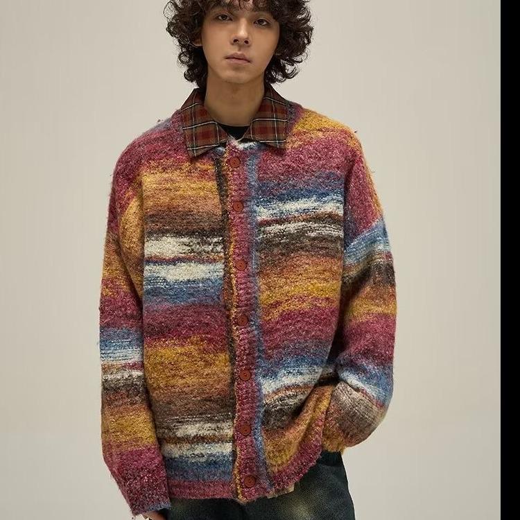 Men's Autumn/Winter Retro Striped Cardigan Sweater - Loose Fit, Casual Style