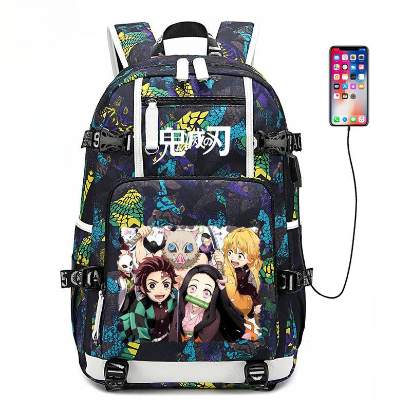 Japon dessin animé bande dessinée Demon Slayer Sac à dos élégant avec interface USB et grande capacité 0005