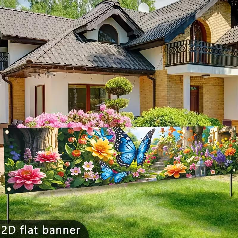 

2D Spring Garden Banner, Blue Butterflies & Blooms Print Banner for Home Backyard Decor 47.2x31.5inch/120*80cm
