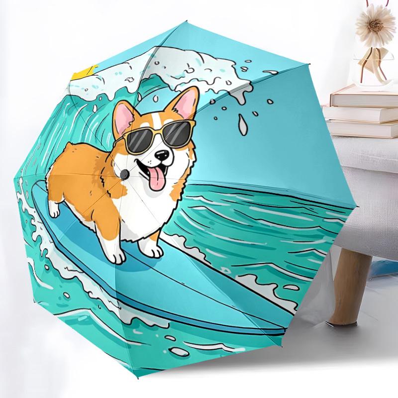 1pc Surfing Corgi Automatic Open/Close Umbrella Compact Folding Umbrella, All-Season Portable Umbrella for Women/Men F1124073
