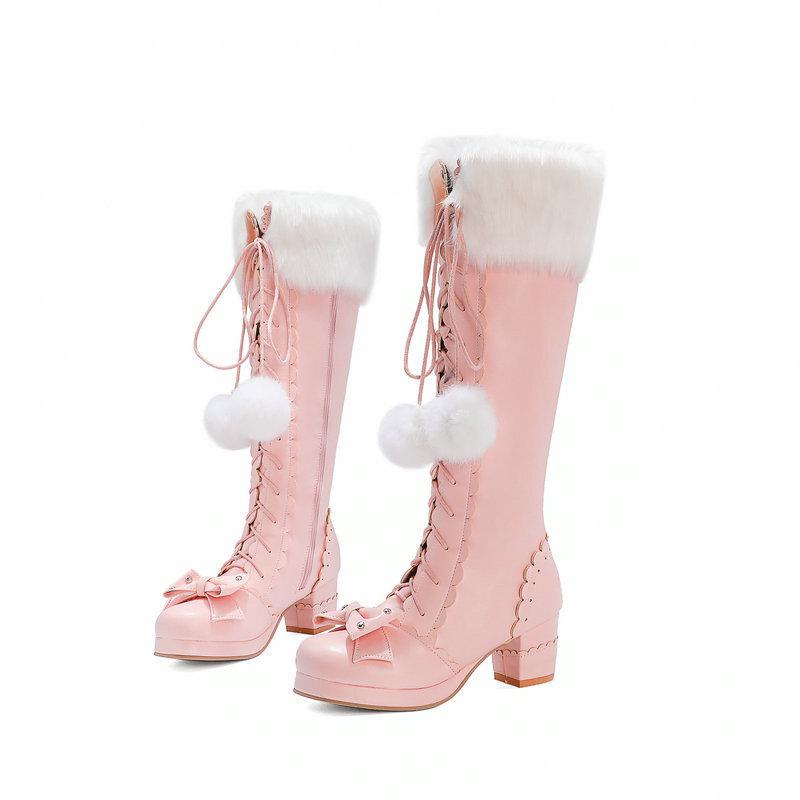 Japanese lolita cute soft girl sweet round head lace-up tall hairball warm cos princess  long boots