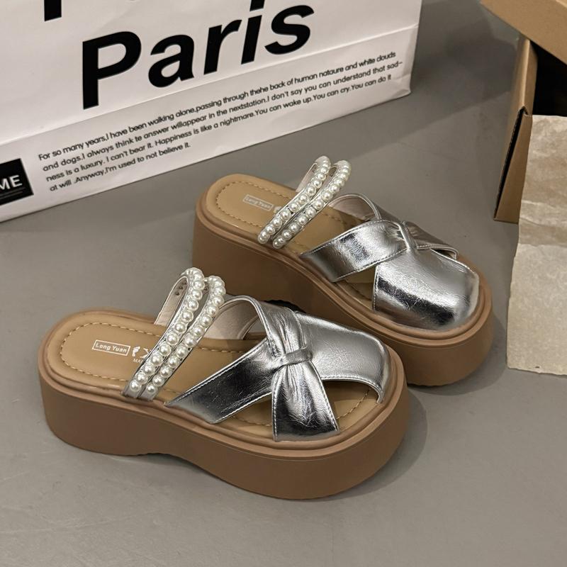 

Women s Hollow out Head Cover Slip-On Summer Shoes Thick Heel Heightening Sandals with Beaded Butterfly Knot for Dress 40 серебряный