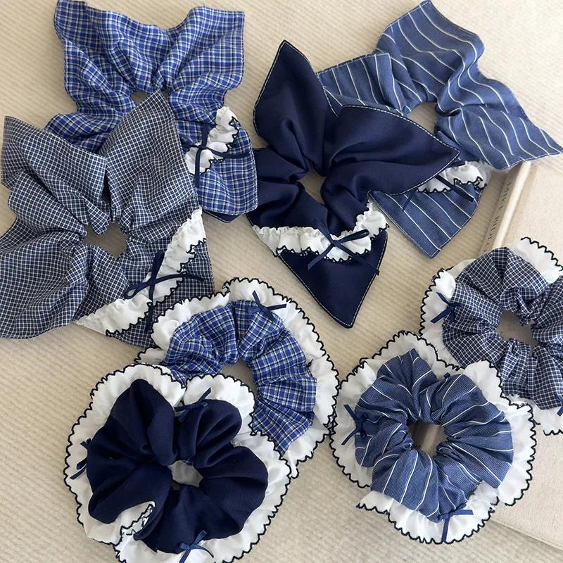 Retro Blue Checkered Hair Ties Fabric Webbing Bow Square Headbands Womens Temperament Head Rope Female Party Accessories Fashion