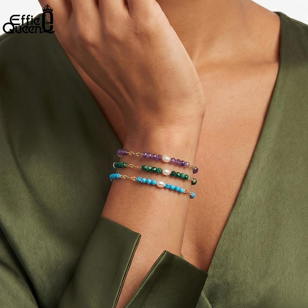 Effie Queen S925 Silver Women's Summer Natural Stone Turquoise Malachite Amethyst Chain Bracelet with Pearl Dainty Gift MPB14