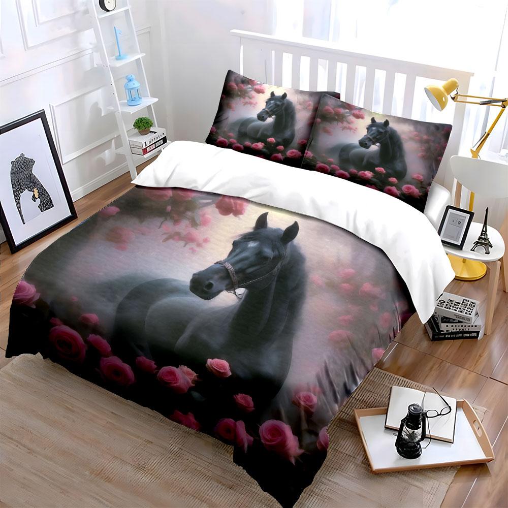 "Elegant Horse Rose Decor Set" Bedding Set with 1 Duvet Cover 2 Pillowcases Single Double King Queen Gift