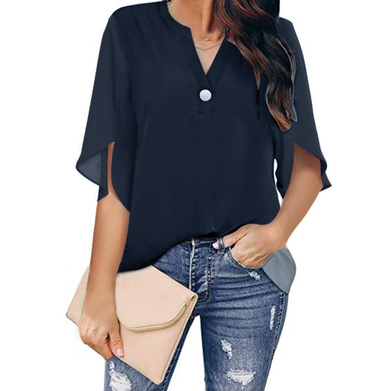 Summer New Women's Mid-sleeve Elegant Casual Solid Color V-neck Chiffon Shirt